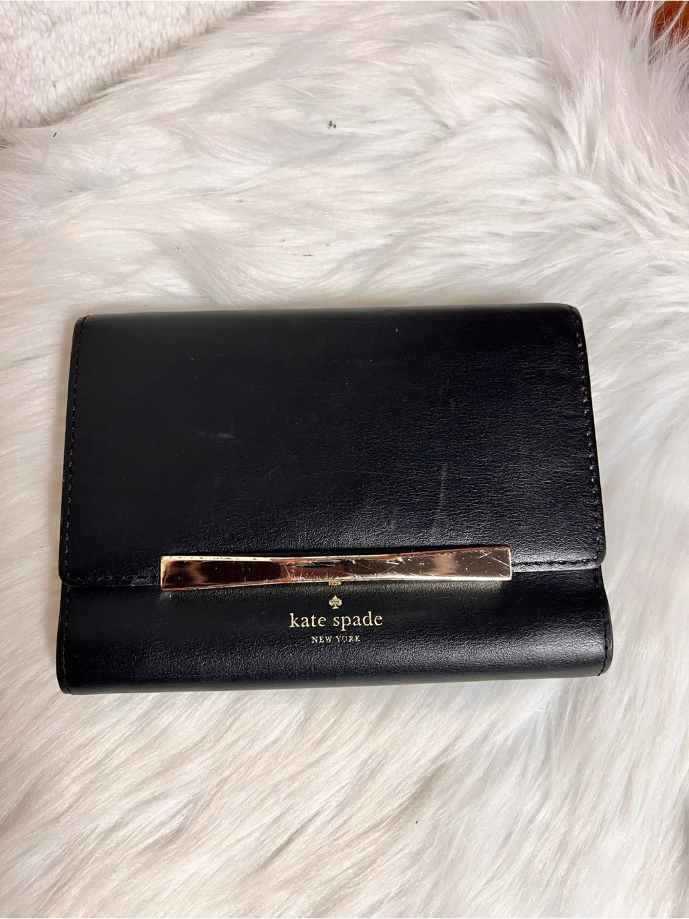 kate spade Black Leather Wallet with Gold Bar Accent
